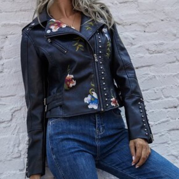 Floral Embroidered faux leather biker  jacket - Picture 3 of 9